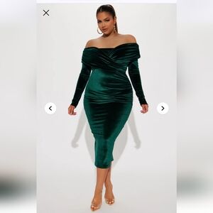 Fashion Nova Off-Shoulder Green Velvet Dress